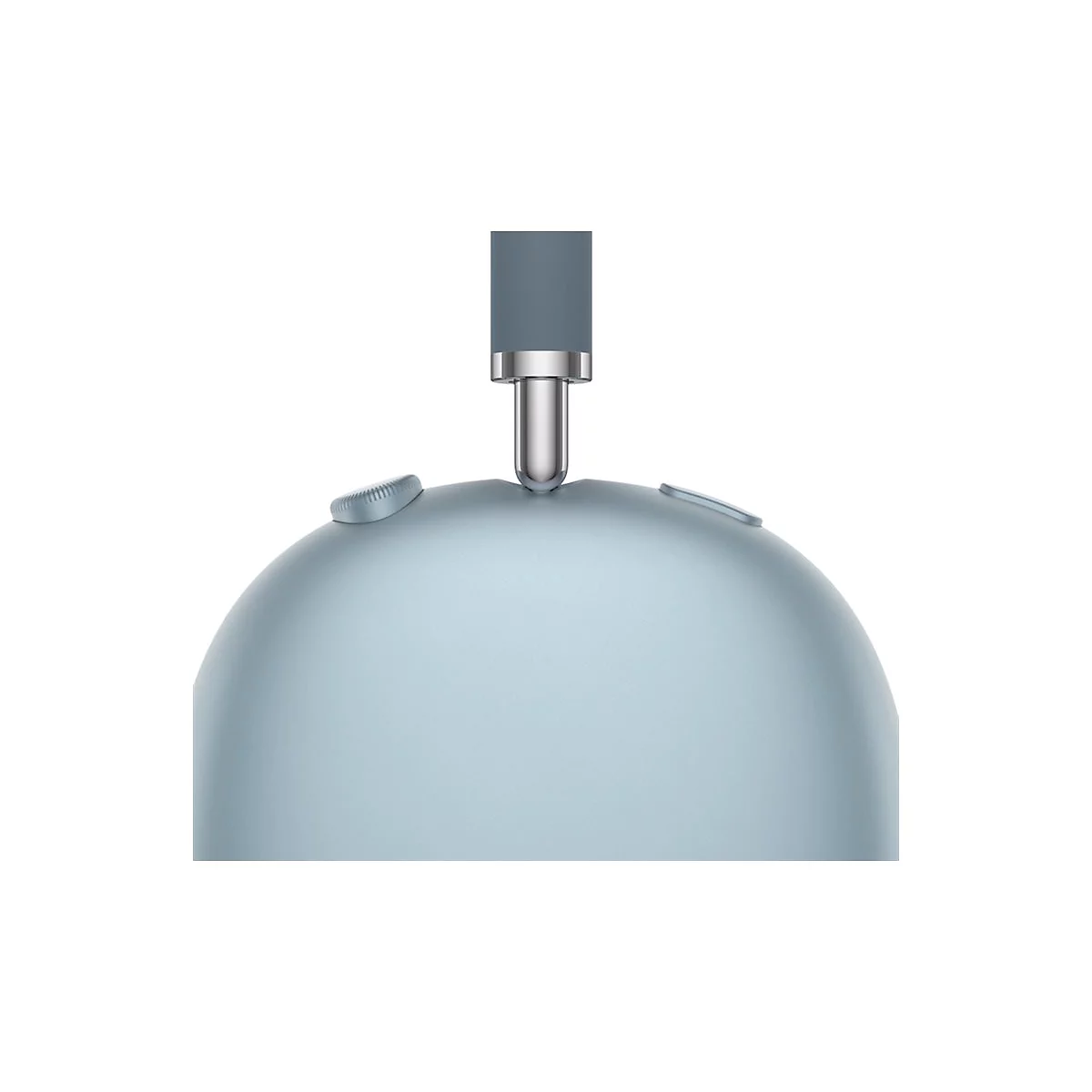 Gros plan d'un casque bleu clair. En haut, un serre-tête gris auquel l'écouteur est attaché. Il y a deux petits boutons sur l'écouteur.