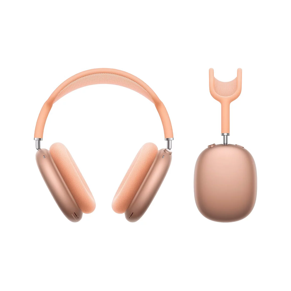Casque rose clair avec coussinets et bandeau réglable sur fond blanc. Un seul écouteur est montré à droite.