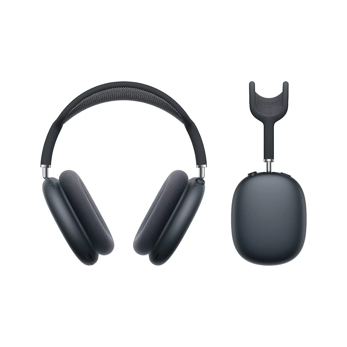 Casque circum-auriculaire gris foncé avec étui de transport séparé, présenté sur fond blanc.