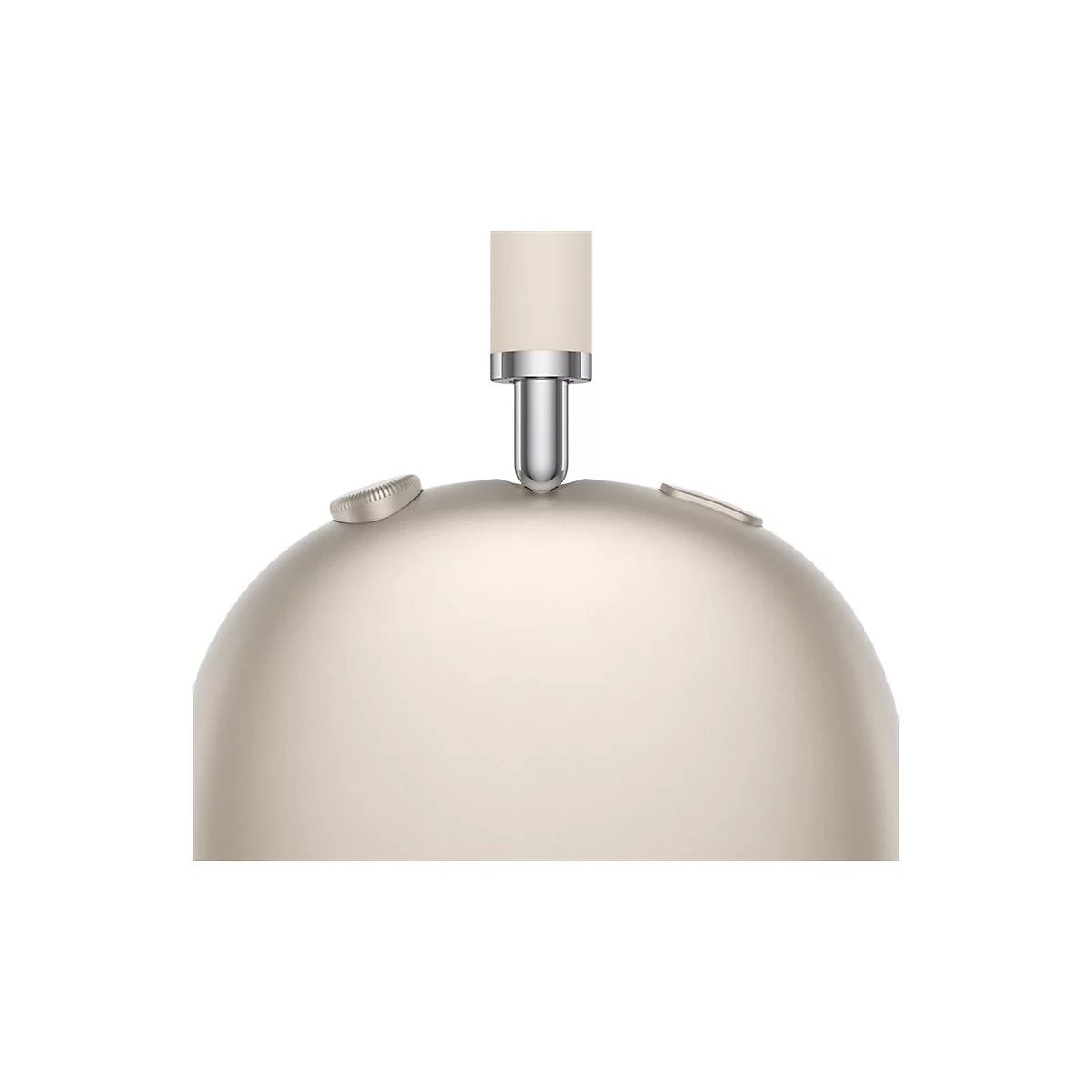 Gros plan d'un casque doré. Un bandeau beige en haut, relié à une articulation métallique. Deux boutons sont sur l'écouteur.