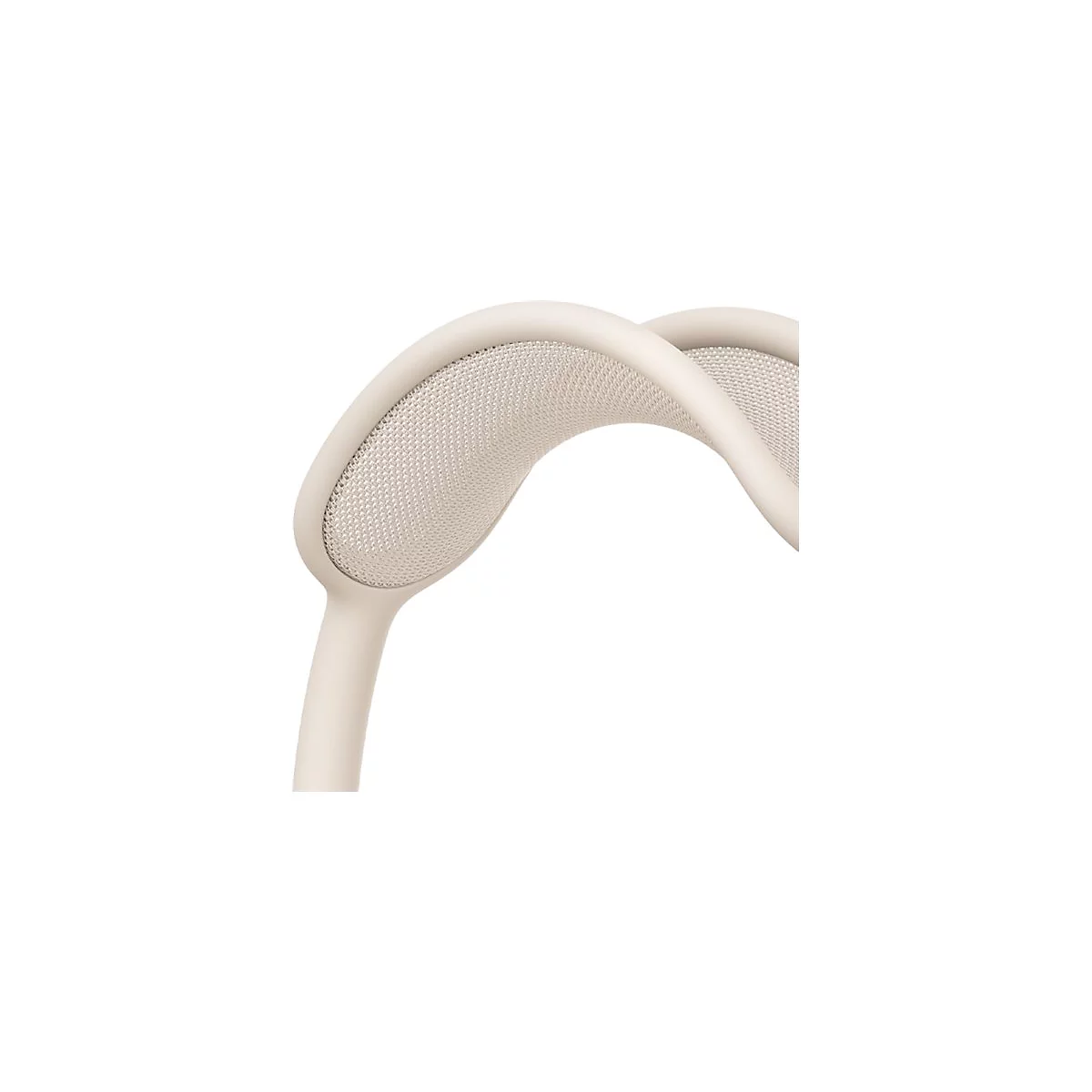 Gros plan sur un casque beige. L'arceau rembourré est recouvert d'un tissu de couleur claire, le reste est en matériau lisse.