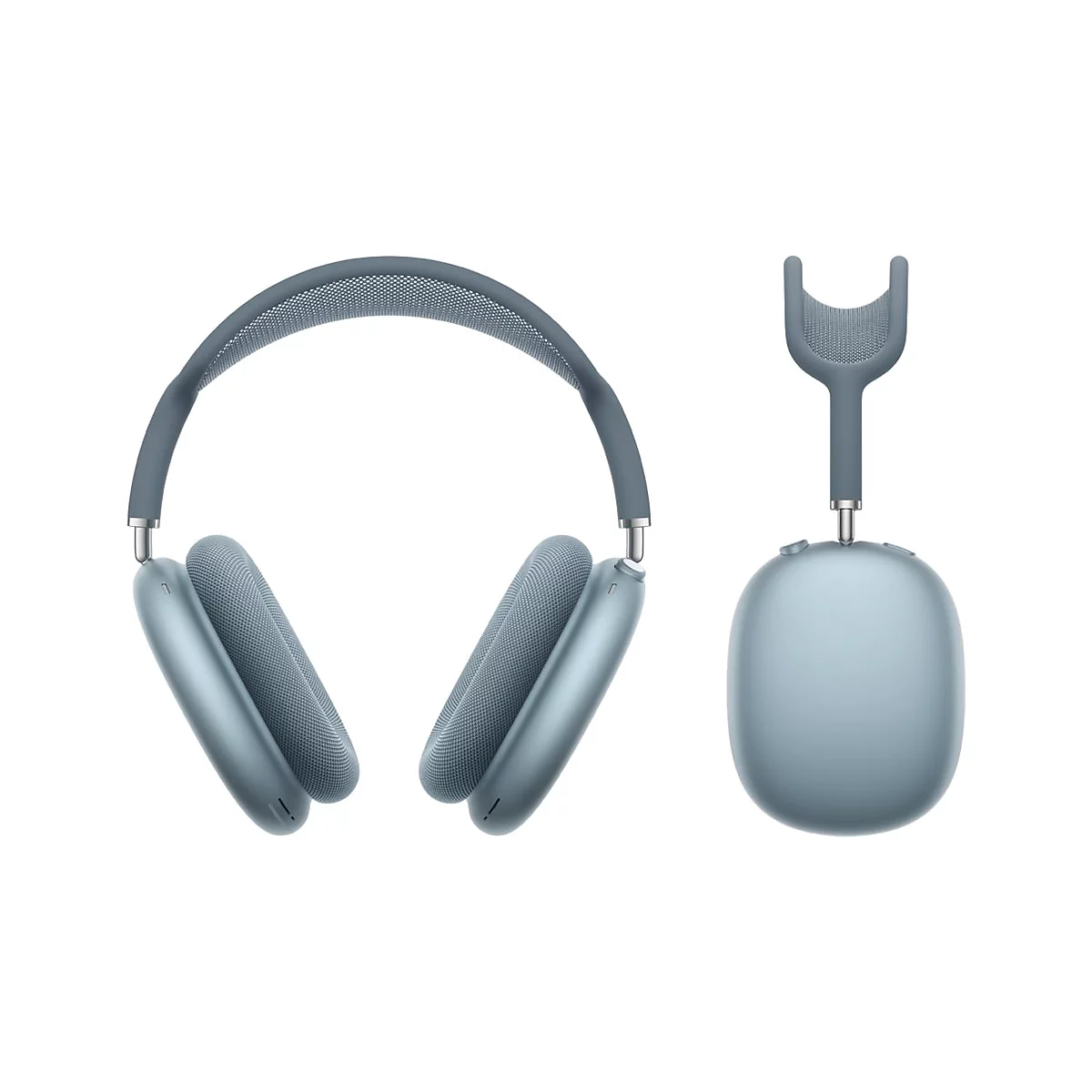 Casque circum-auriculaire bleu clair avec coussinets en tissu maillé et un étui de protection assorti. Sur fond blanc.