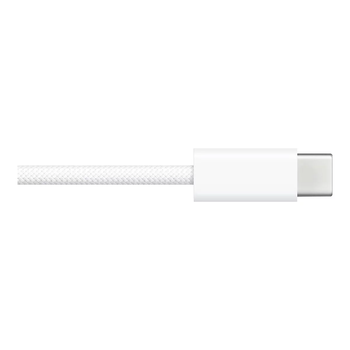 Gros plan d'un câble USB-C blanc sur fond blanc. Le connecteur est rectangulaire et le câble est tressé.