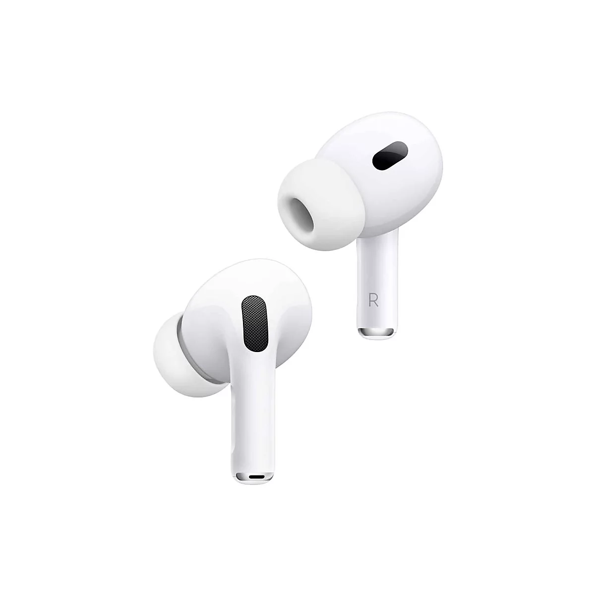 Zwei weiße Apple AirPods Pro vor weißem Hintergrund. Der linke AirPod ist leicht nach vorne geneigt. Der rechte zeigt ein "R".