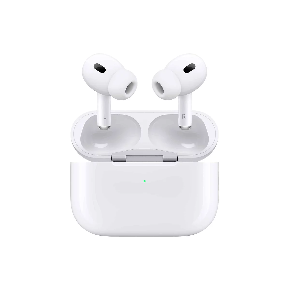 Weiße Apple AirPods Pro Kopfhörer in geöffneter Ladeschale. Auf den Hörern sind "L" und "R" zu sehen. Die Schale hat eine grüne LED.
