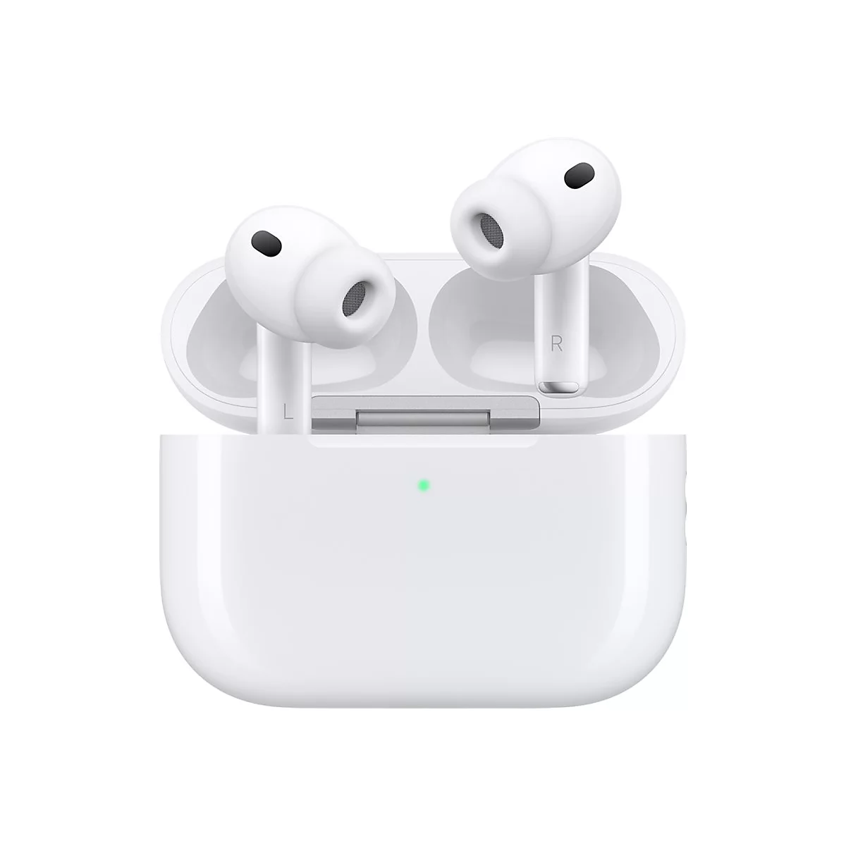 AirPods blancs dans leur étui de chargement, avec un point vert pour l'état de charge. Un 'R' est visible à droite.