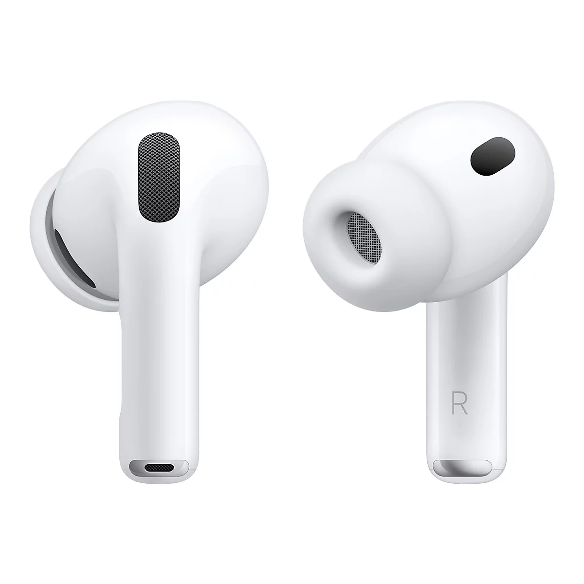 Gros plan sur deux AirPods Pro blancs. AirPod droit avec « R ». Ouvertures de microphone noires.