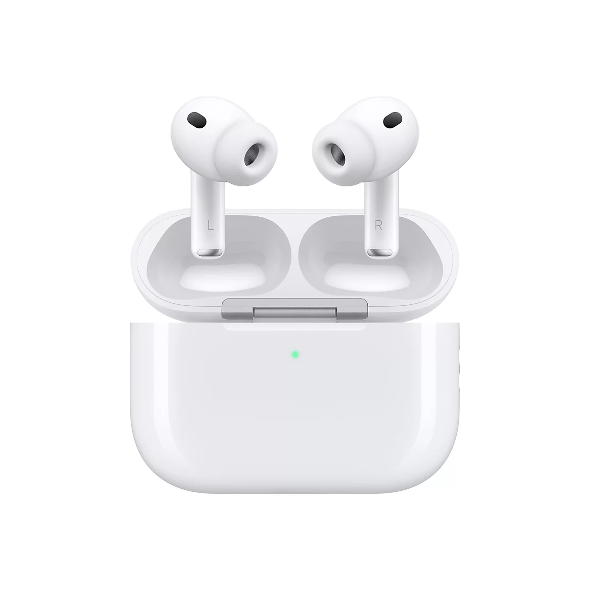 Zwei weiße AirPods Pro Kopfhörer liegen in ihrem geöffneten Ladecase. Der linke Kopfhörer ist mit „L“ gekennzeichnet, der rechte mit „R“. Der Deckel hat eine silberne Scharnierabdeckung.