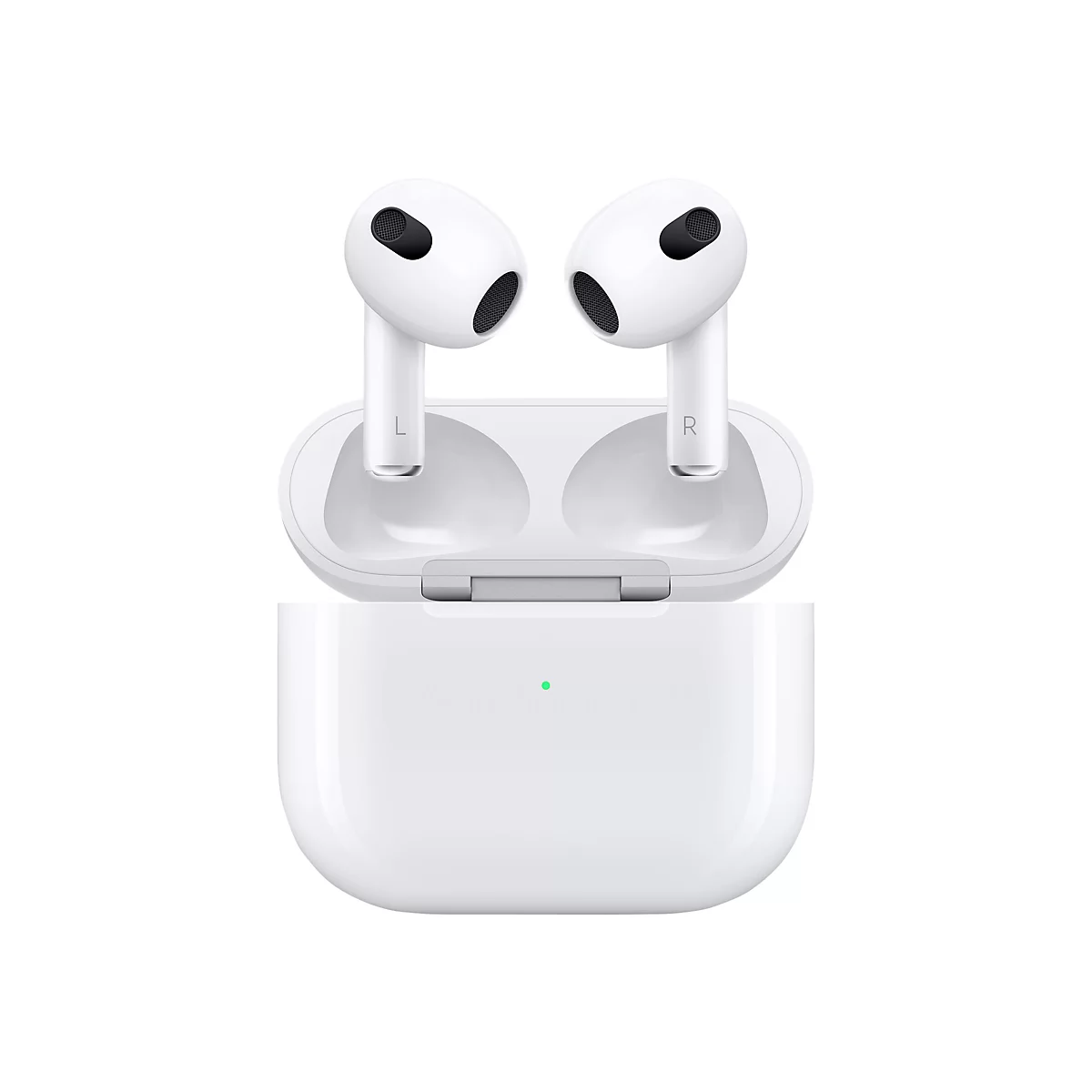 WeiÃŸe AirPods in Ladecase. Beides vor weiÃŸem Hintergrund.