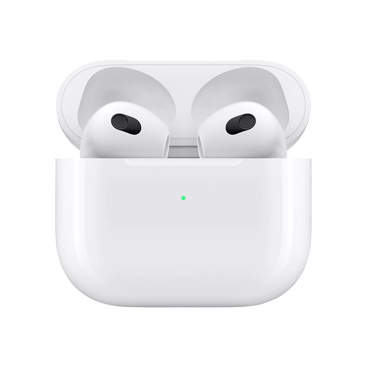WeiÃŸe AirPods in geÃ¶ffneter Ladebox. Der Deckel der Box ist offen, daneben liegen die KopfhÃ¶rer.