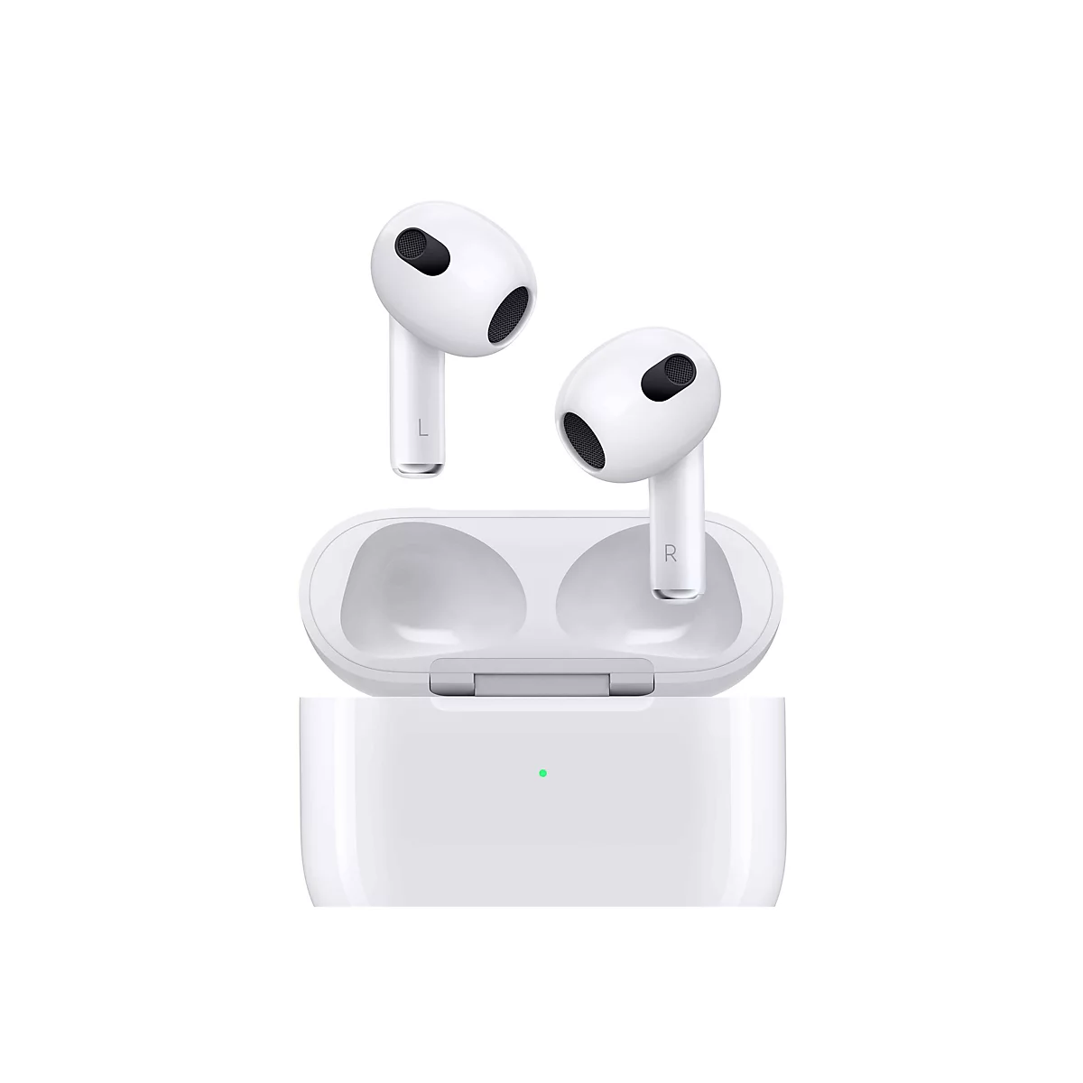 Weiße Apple AirPods und das geöffnete Ladecase vor weißem Hintergrund.