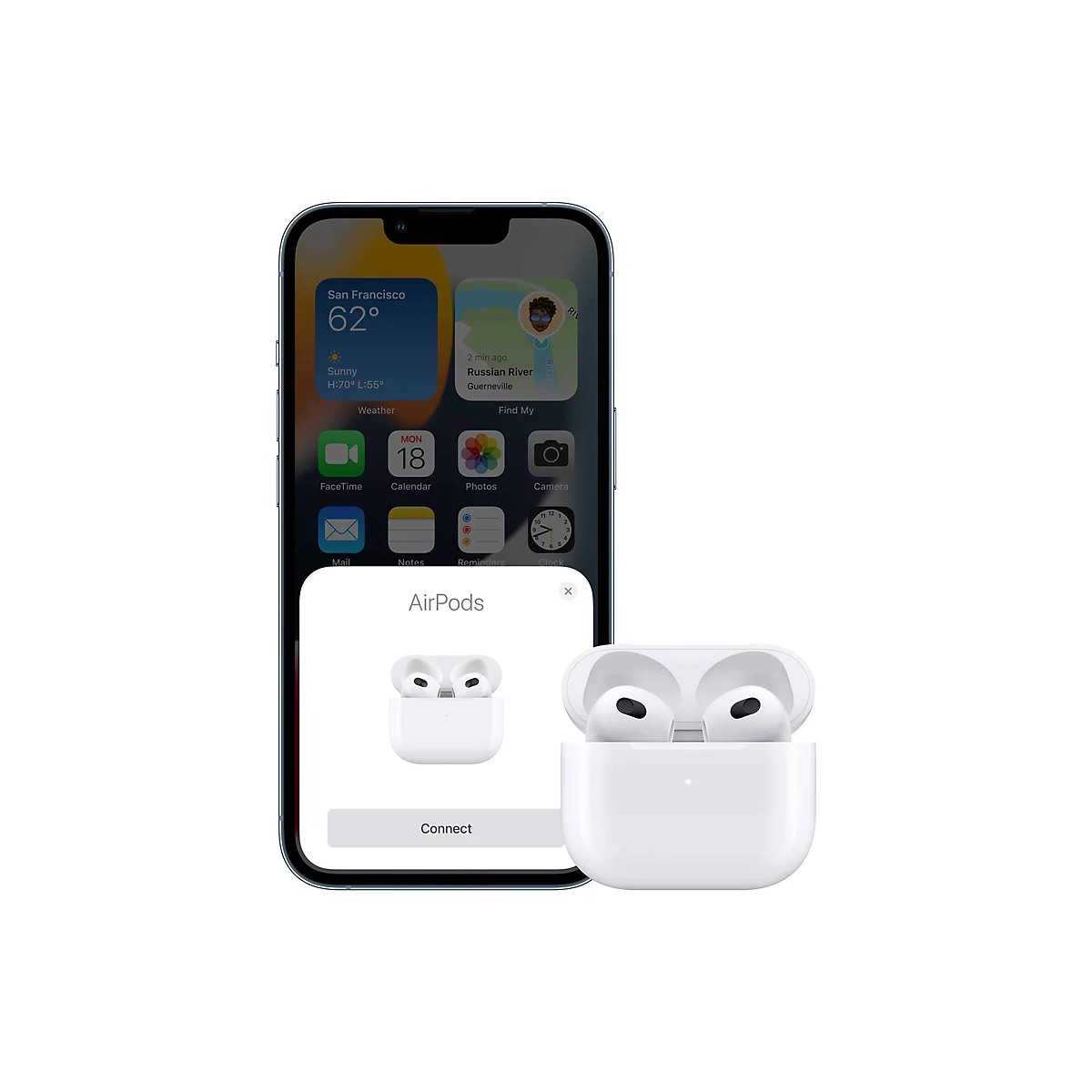 Ein Smartphone zeigt eine Pop-up-Meldung zur Kopplung von weißen AirPods, die rechts daneben abgebildet sind.