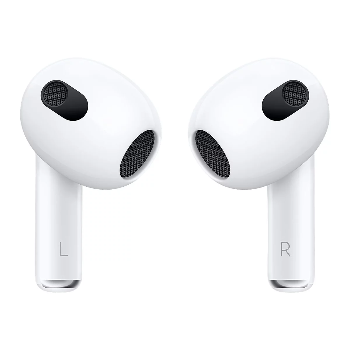 Weiße Apple AirPods der dritten Generation vor weißem Hintergrund, links und rechts beschriftet.