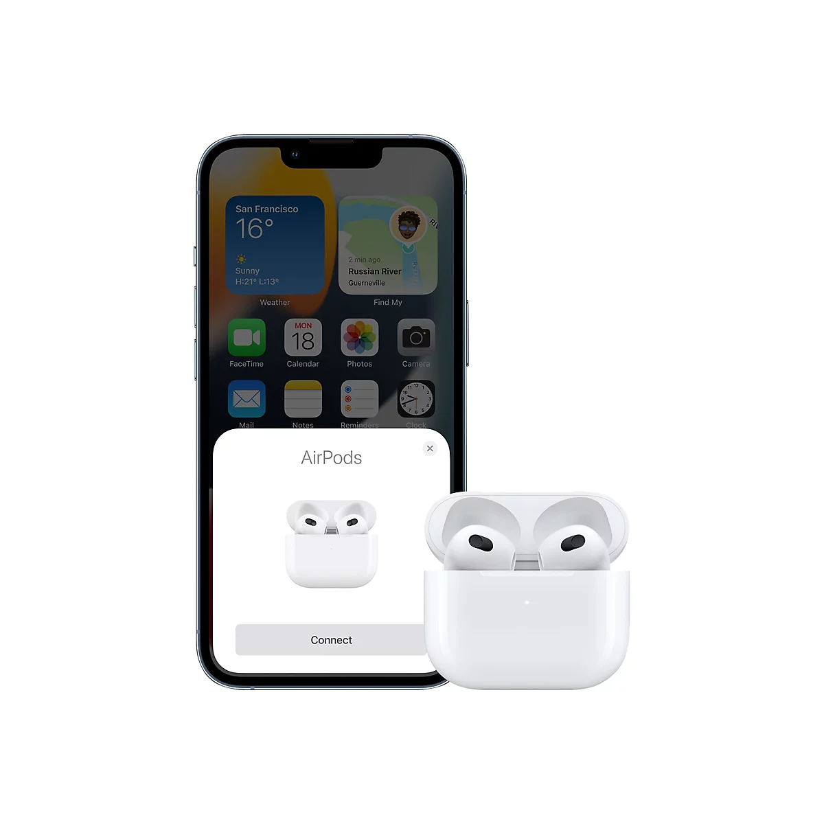 iPhone-Bildschirm zeigt AirPod-Verbindungseinladung neben einem offenen AirPod-Ladecase.
