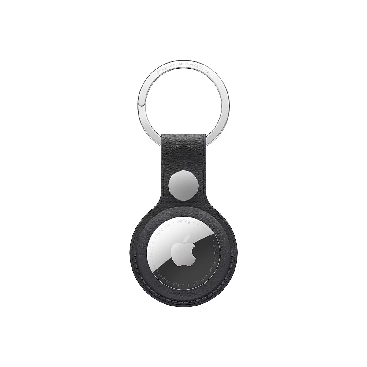 AirTag noir Apple avec porte-clés argenté. Logo et lettrage visibles.