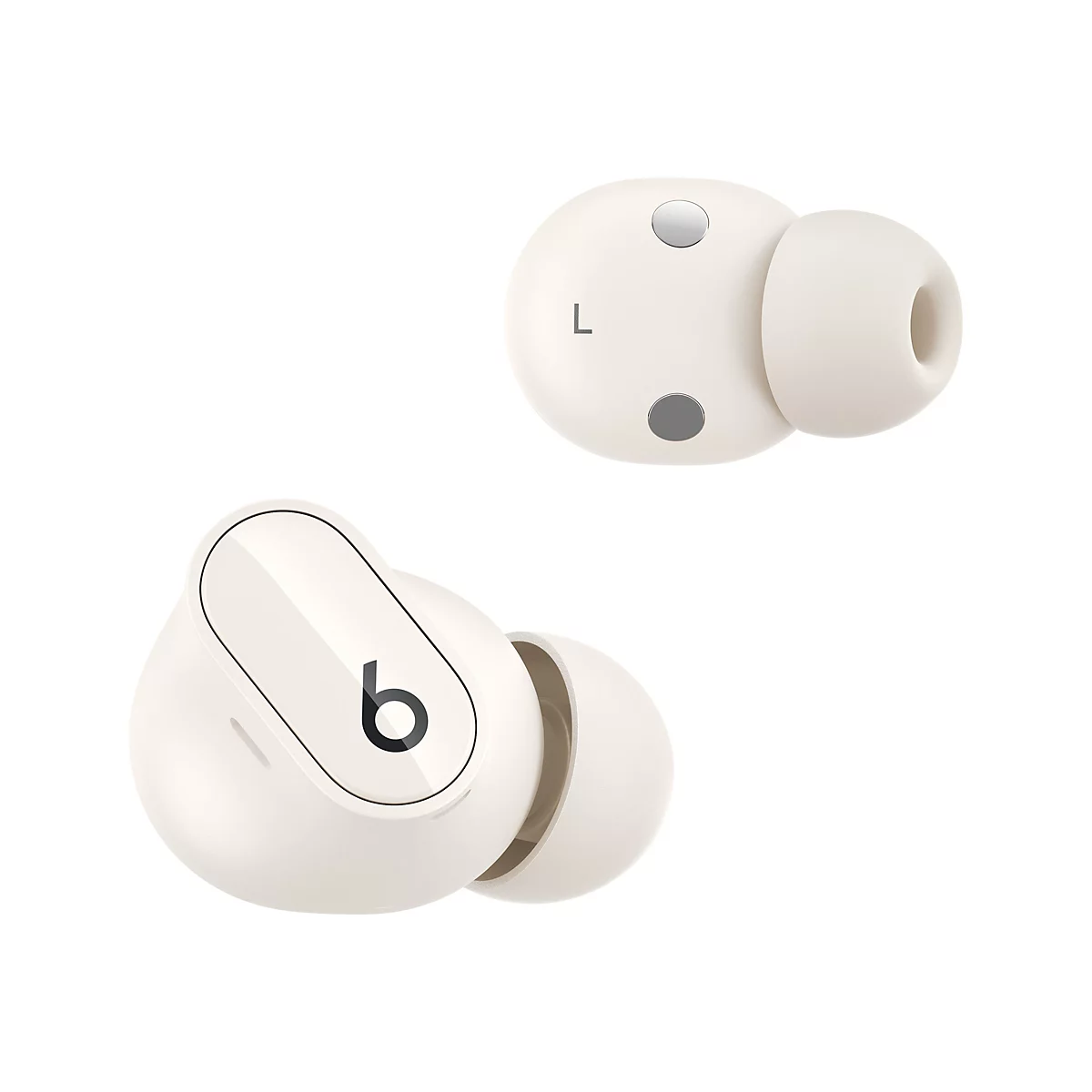 Deux écouteurs sans fil crème. L'un affiche un «L», l'autre le logo «b». Sur fond blanc.