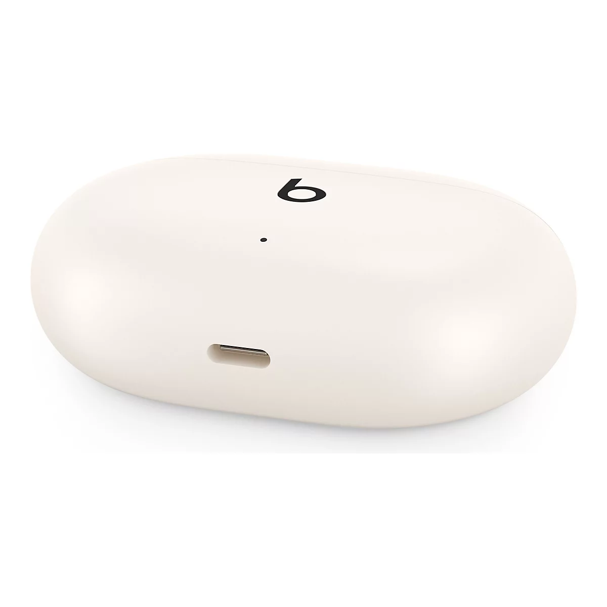 Étui de chargement pour écouteurs beige avec logo Beats et port de chargement.