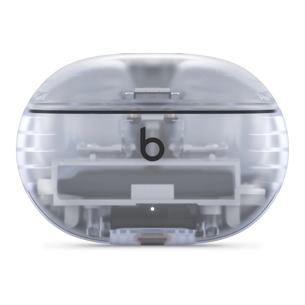 Appareil ovale transparent avec un logo "b" noir, montrant les composants internes. Sur fond blanc.