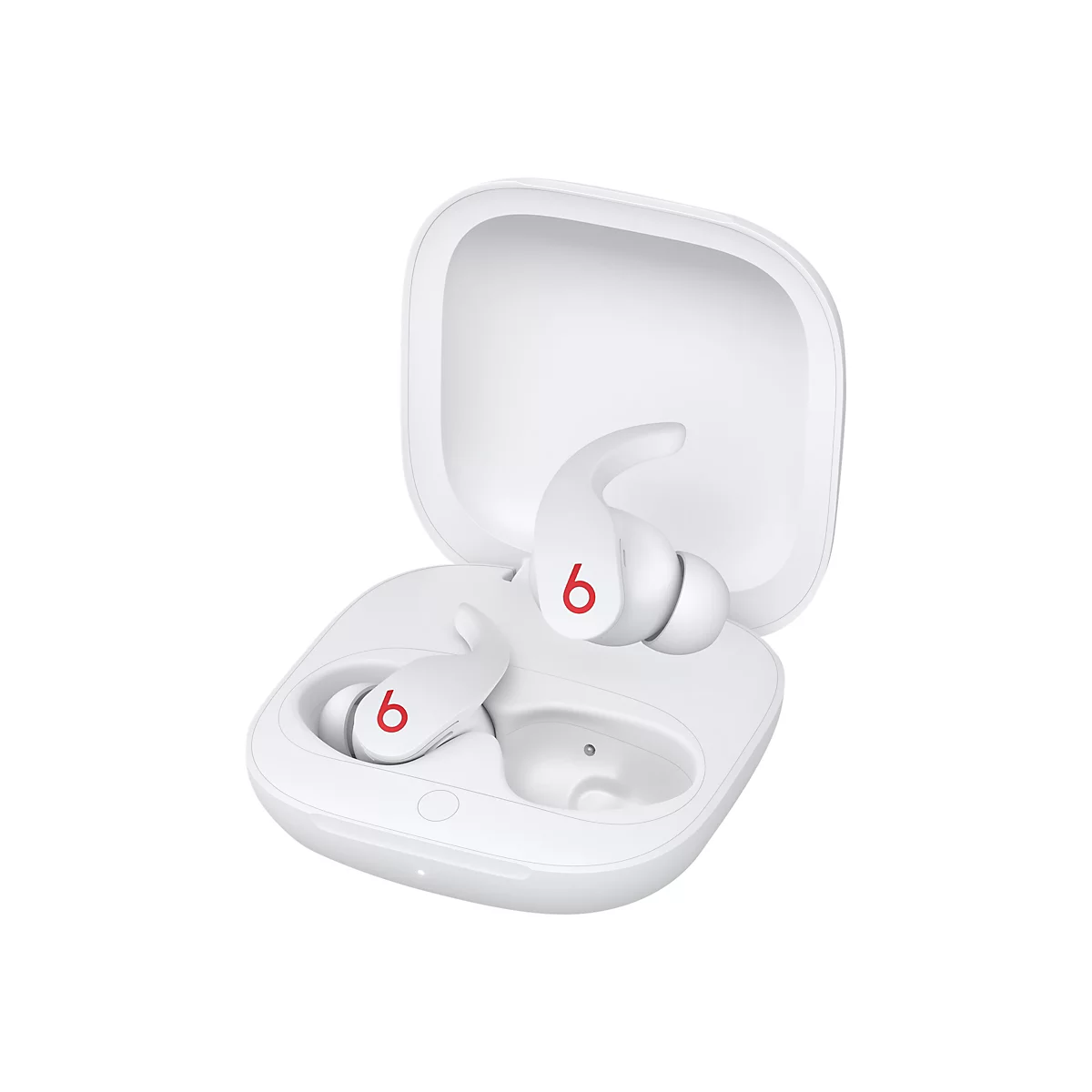 Écouteurs blancs dans un étui de chargement blanc. Chaque écouteur porte le numéro 6 en rouge. L'étui est ouvert.