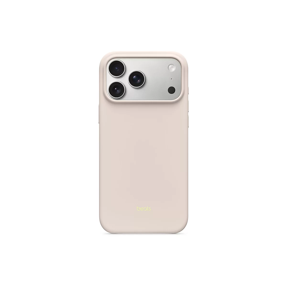 Coque de téléphone beige avec découpe pour appareil photo et logo Beats. Sur fond clair.