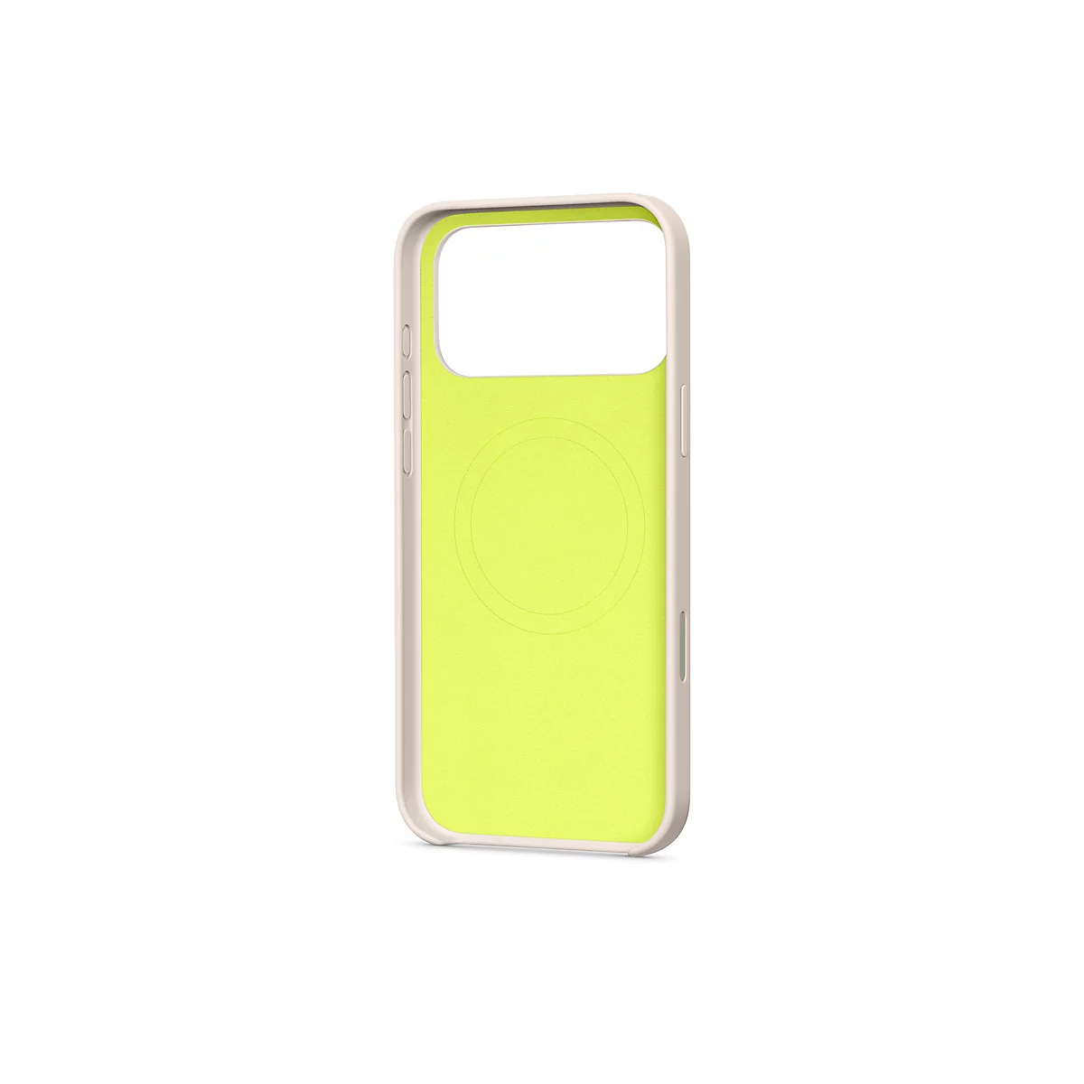 Coque de téléphone vert clair avec bord beige et intérieur jaune. Photo sur fond blanc.