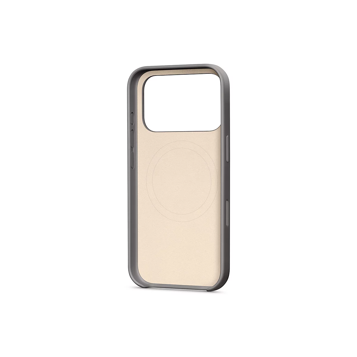 Coque de téléphone beige clair, bord gris, fond blanc. Vue détaillée de l'accessoire.