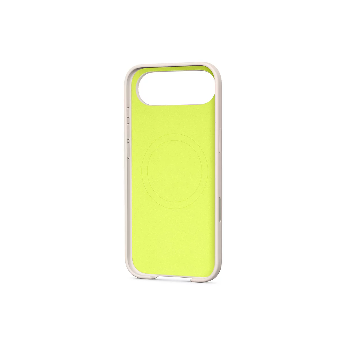 Coque de téléphone vert clair avec une bordure beige. Un cercle suggéré est visible à l'intérieur.