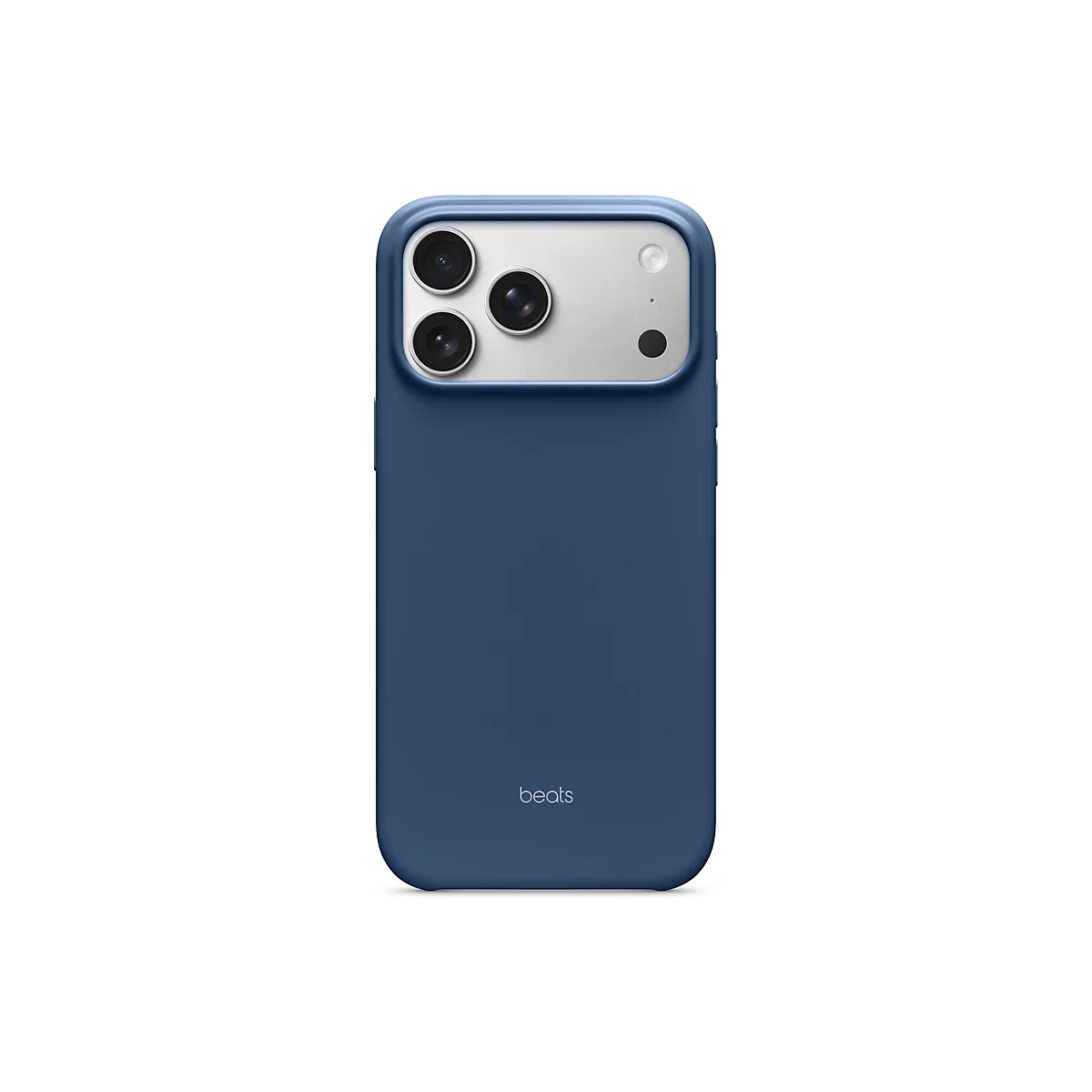 Coque de smartphone bleue avec trois lentilles et un flash, logo 'beats'.