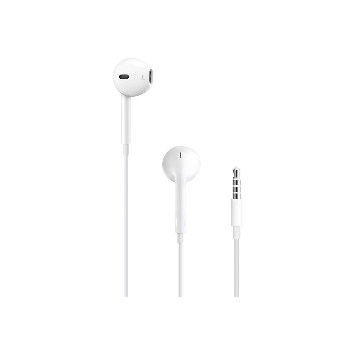 Nahaufnahme von weißen Apple EarPods Kopfhörern mit Kabel und 3,5mm Klinke. Auf weißem Hintergrund.