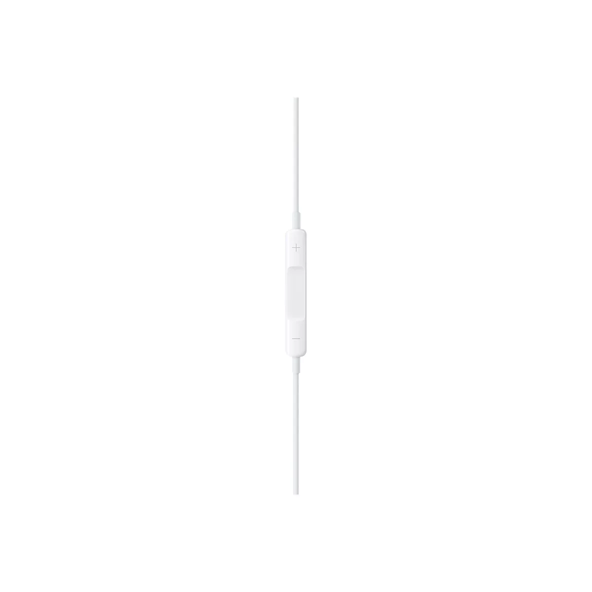 Weiße Kopfhörer-Fernbedienung mit Lautstärketasten an einem dünnen, weißen Kabel vor neutralem Hintergrund.
