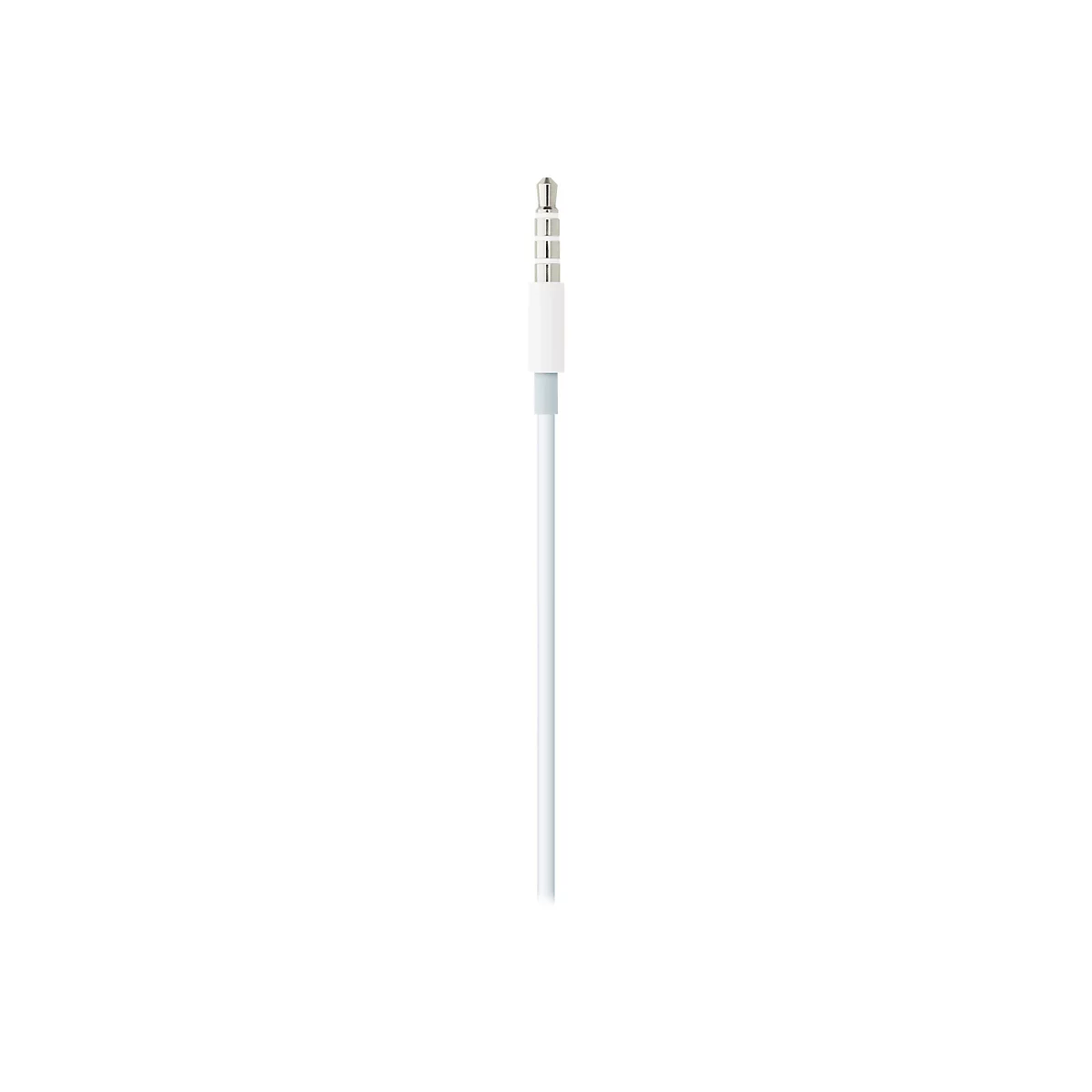 Ein weißes 3,5-mm-Audioklinkenkabel mit vier Kontaktringen vor weißem Hintergrund.