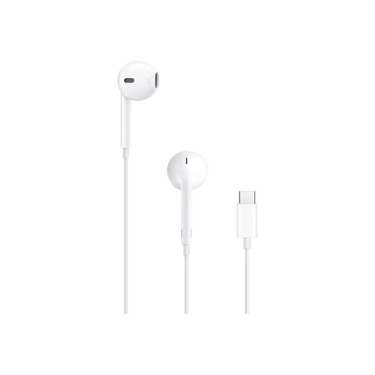 Weiße EarPods mit USB-C-Anschluss vor weißem Hintergrund.