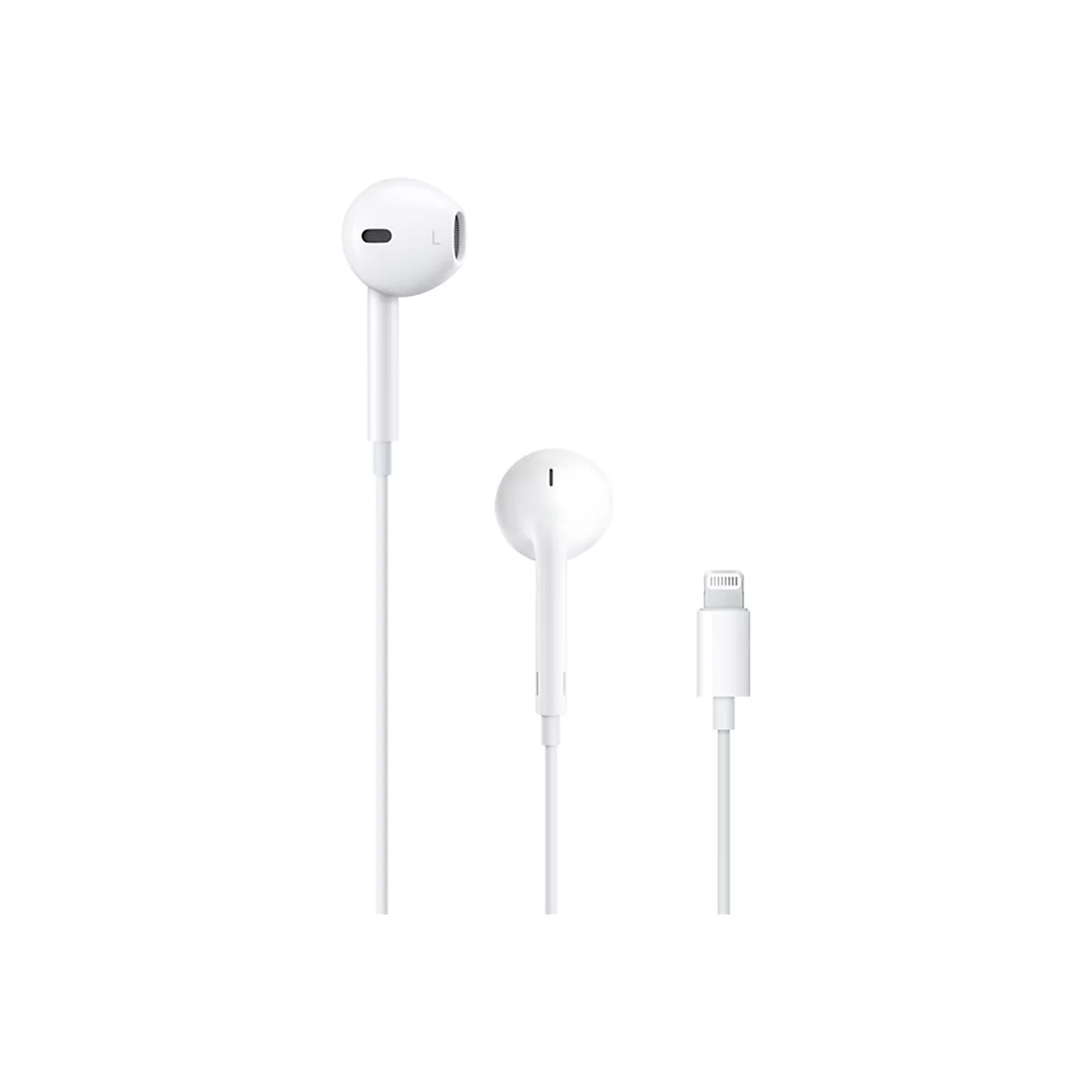 Weiße EarPods mit Lightning-Anschluss vor weißem Hintergrund.