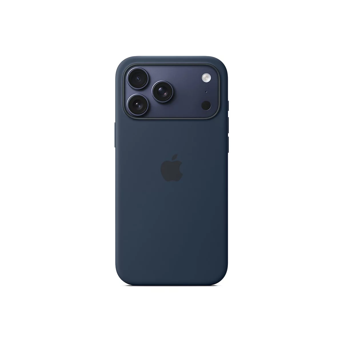Dunkelblaues iPhone mit Apple-Logo auf weißem Hintergrund. Drei Kameralinsen und ein Blitz sind sichtbar.
