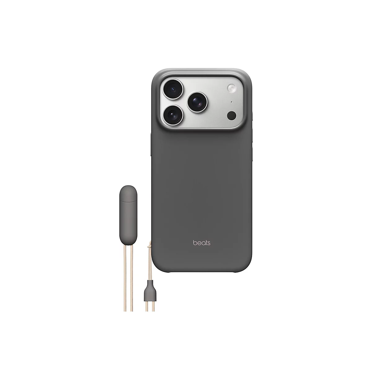 Dunkelgraues iPhone mit Hülle und Kopfhörer. Das iPhone hat drei Kameras und das Beats Logo ist sichtbar.