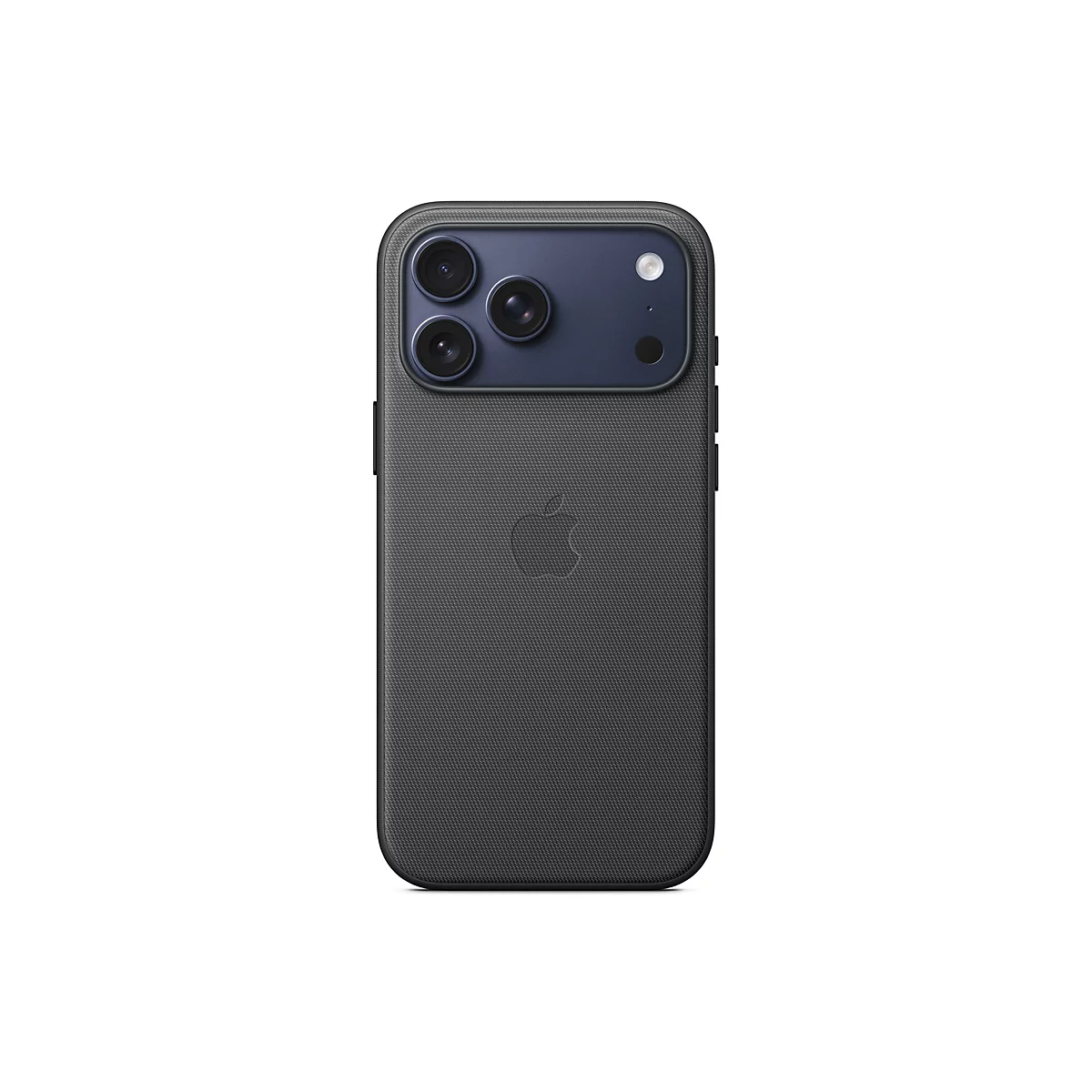 Rückansicht eines iPhones in einer schwarzen Schutzhülle. Die Hülle hat eine Textur und das Apple-Logo. Die Kameraeinfassung ist dunkelblau.