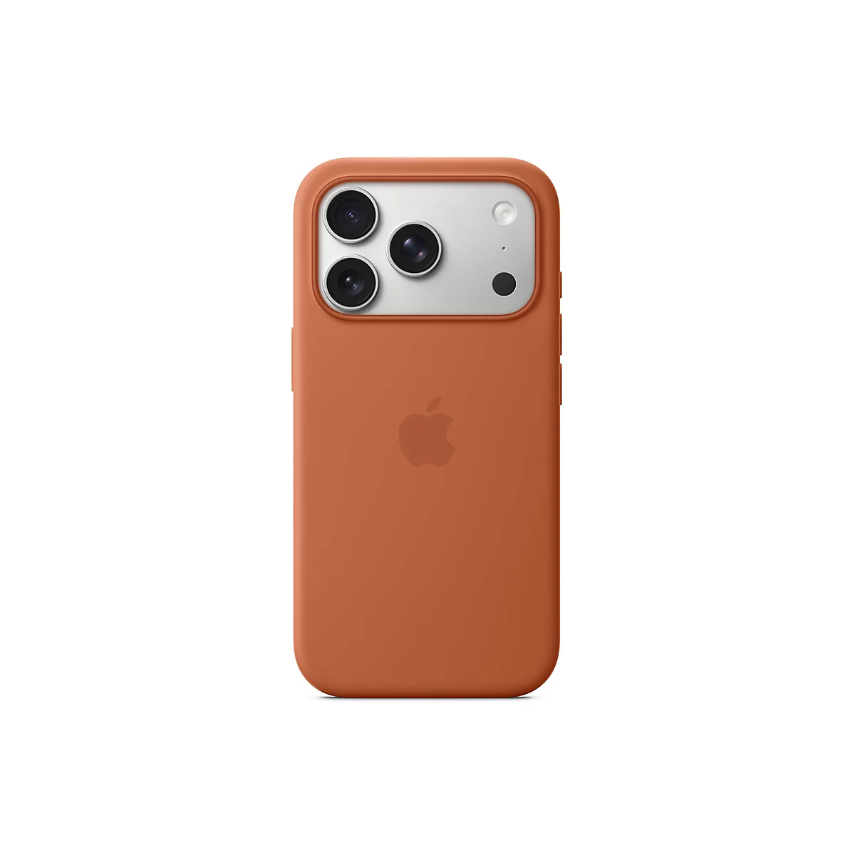 Ein Mobiltelefon in einer orangefarbenen Silikonhülle. Auf der Rückseite sind drei Kameraobjektive und ein Apple-Logo zu sehen.