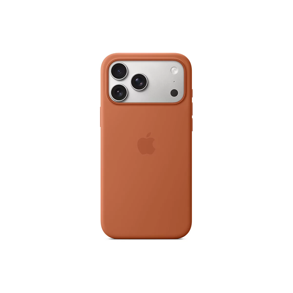 Rückansicht einer orangefarbenen Handyhülle für ein Smartphone, mit Kameraaussparung, Apple-Logo.