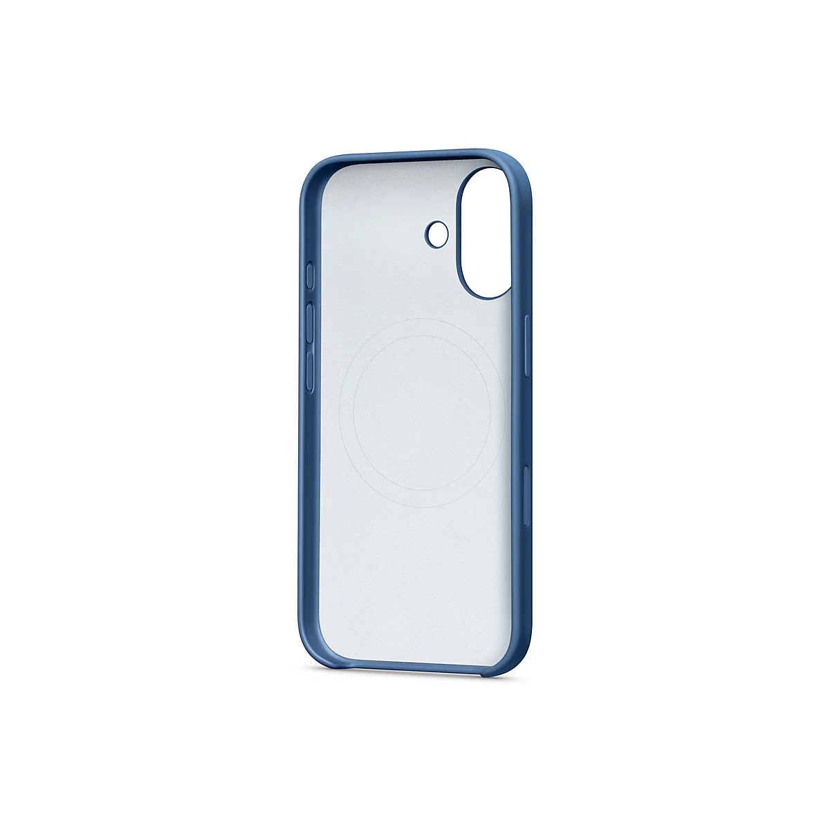 Durchsichtige Handyhülle mit blauem Rahmen, weißem Hintergrund. Die Hülle hat Aussparungen für Kamera, Knöpfe und Ladeanschluss.