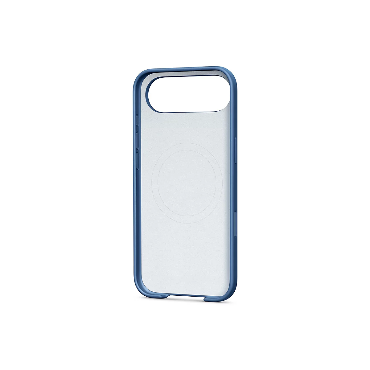 Blaues Handycase auf weißem Hintergrund. Die Hülle umrandet das Gerät, besitzt Aussparungen für Kamera und Knöpfe.