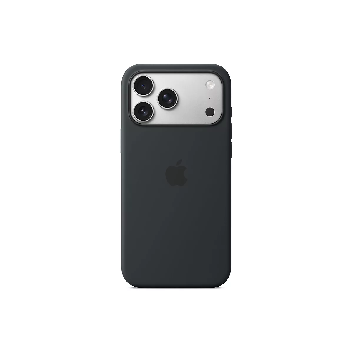 Ein schwarzes iPhone mit schwarzer Hülle, Rückseite, silberfarbene Kameraeinheit und Apple Logo.
