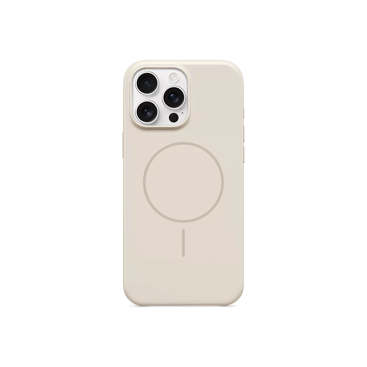 Coque de téléphone beige avec découpe pour appareil photo et cercle magnétique sur fond blanc.
