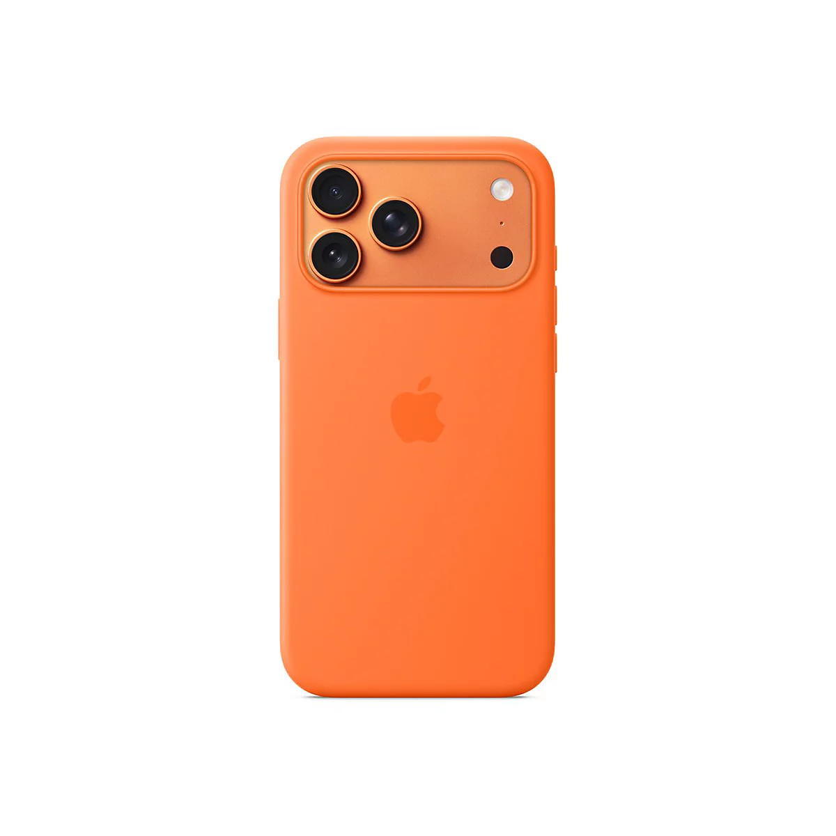 Rückseite eines orangefarbenen iPhones mit Apple-Logo und dreifacher Kamera.