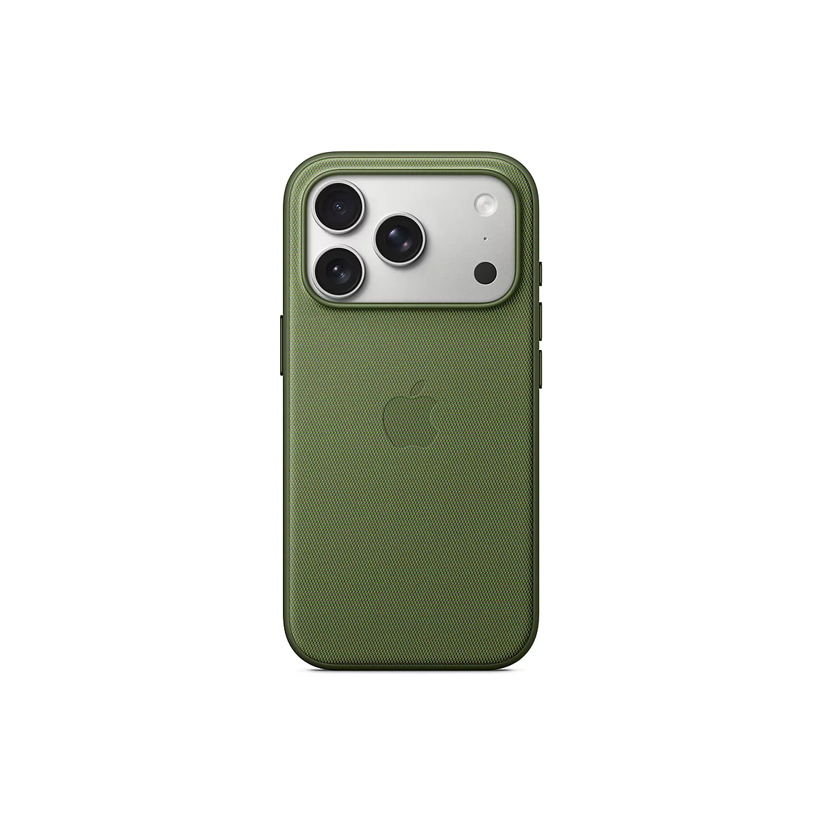 Rückansicht eines olivgrünen iPhone 14 Pro, das von einer grünen Stoffhülle geschützt wird. Auf der Hülle ist das Apple-Logo zu sehen.