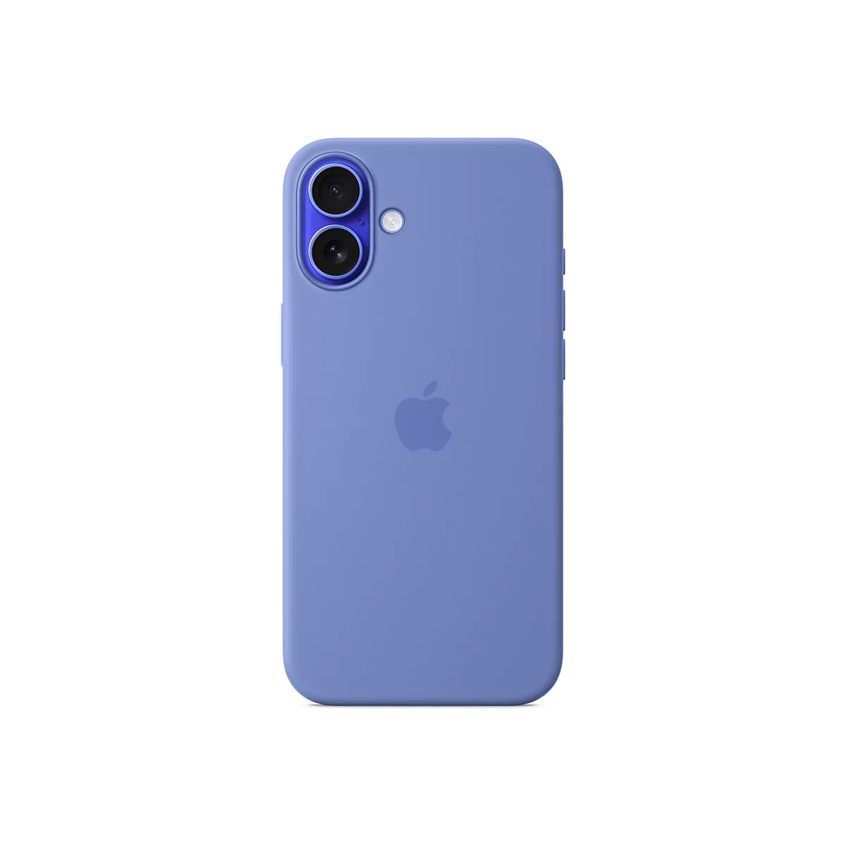 Hellblaues iPhone-Case mit Apple-Logo auf weißem Hintergrund. Zwei Kameralinsen und Blitz sichtbar.