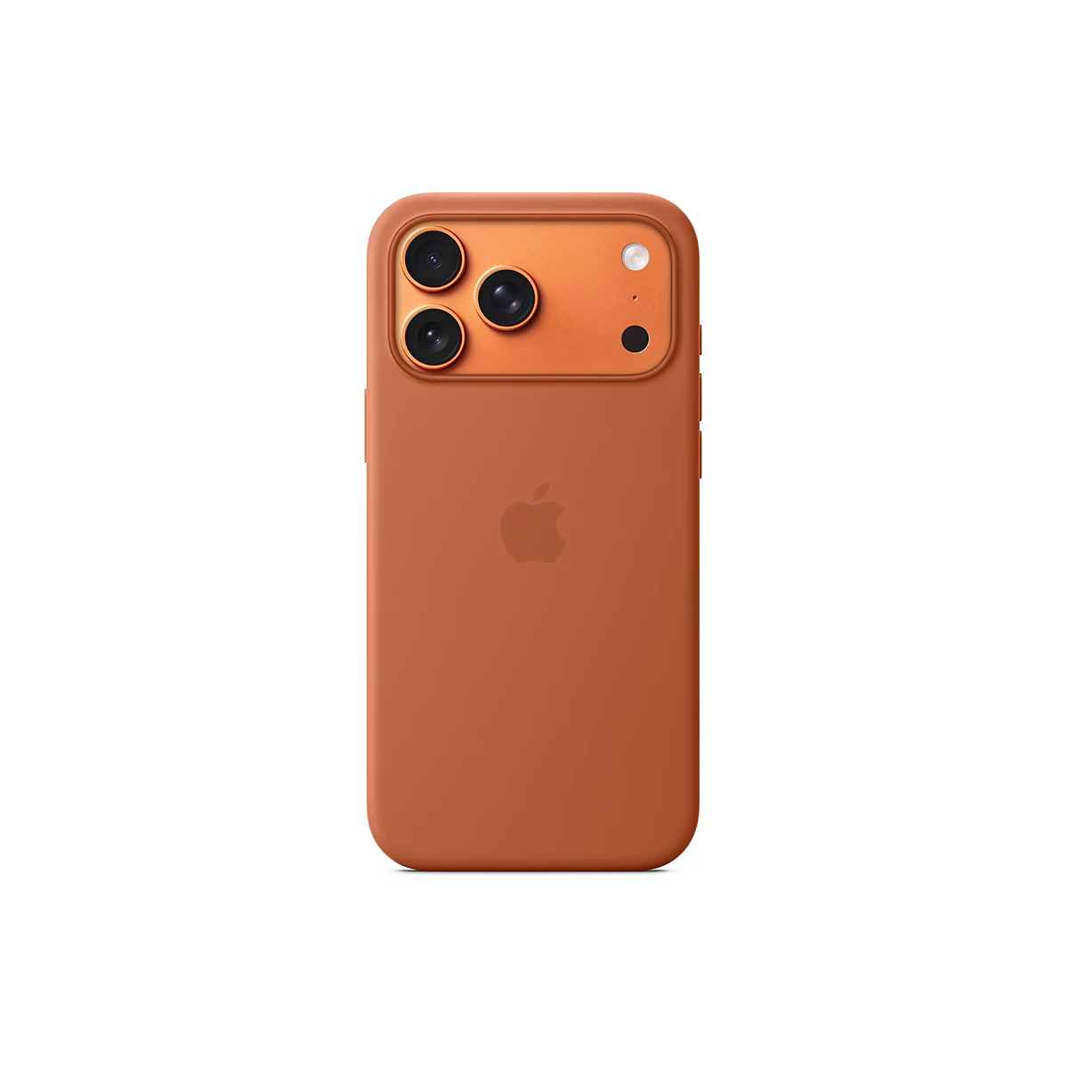 Rückseite eines orangefarbenen iPhones mit drei Kameras, einem Blitz und einem Apple-Logo.