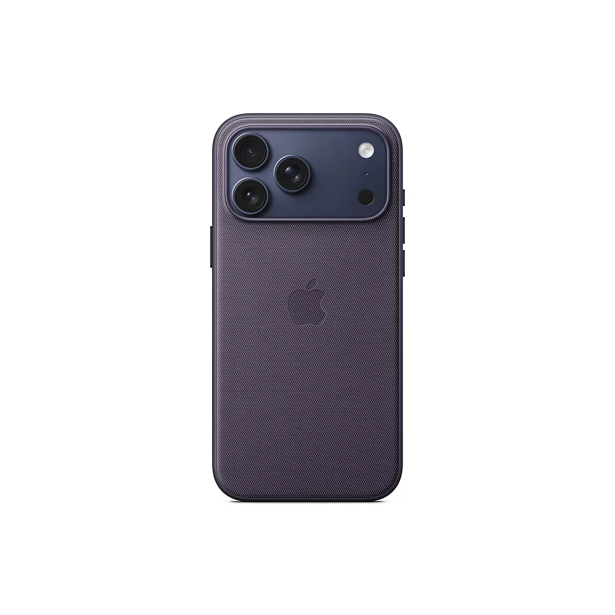 Rückseite eines dunkelvioletten Smartphones mit Kamera- und Blitzmodulen. Das Apple-Logo ist mittig platziert.