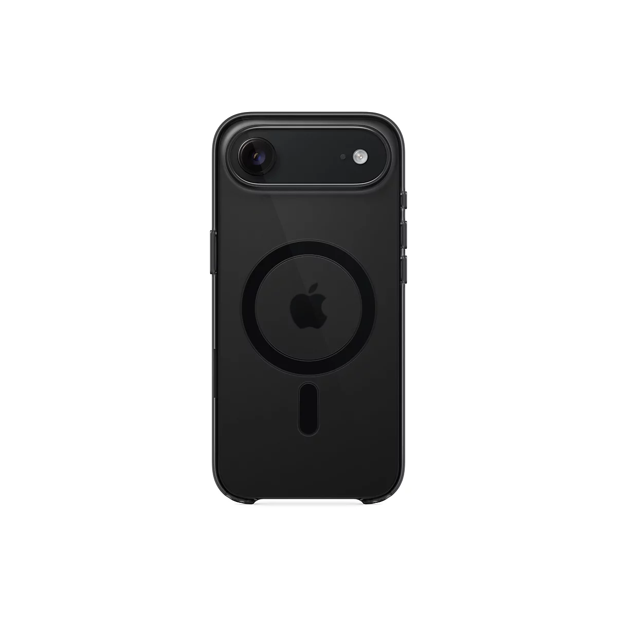 Schwarzes iPhone mit schwarzer Hülle, Detailansicht der Rückseite mit Kamera und Apple-Logo.