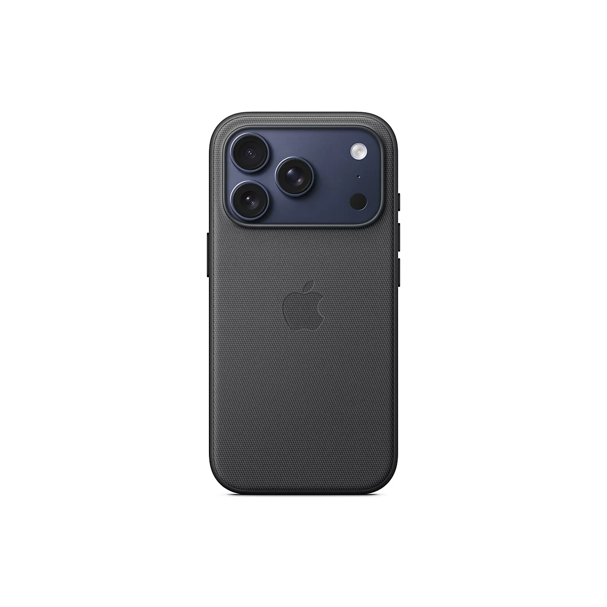 Rückansicht eines schwarzen Smartphones mit einer dunkelblauen Kameraleiste. Auf der Rückseite ist das Apple-Logo abgebildet.