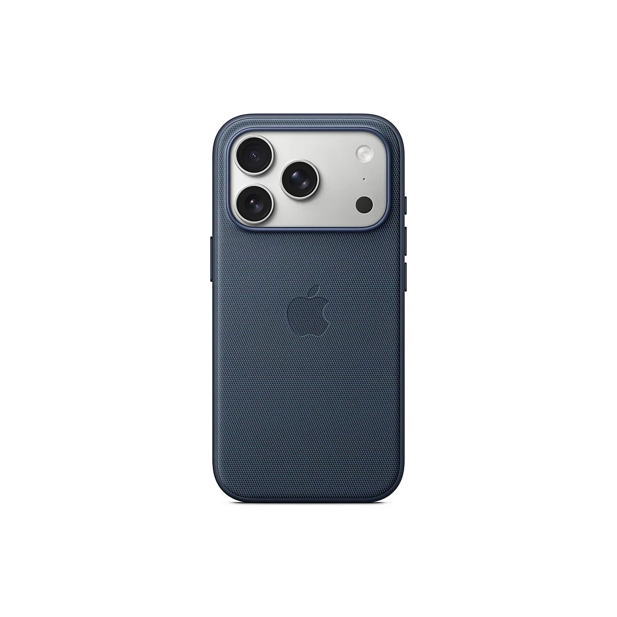 Rückansicht eines blauen iPhone-Cases. Auf der Kamera-Plattform befinden sich drei Linsen. Das Apple-Logo ist angedeutet.